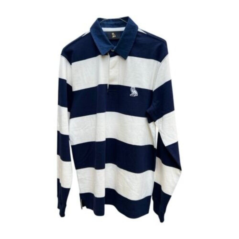 OVO October Very Own Denim Collar Rugby Shirt Navy/Cream Men Size Small